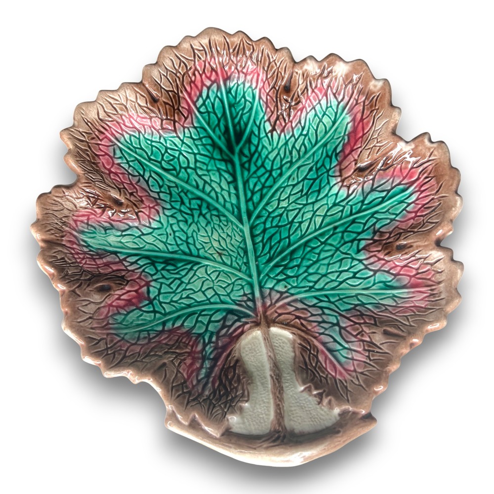 Antique Majolica Oak Leaf Plate Green‎ Pink Brown Glaze 19th Century